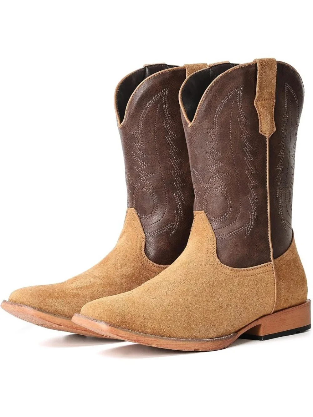 Men's Dark Brown Square Toe Western Pull On Durable Embroidered Cowboy Boots